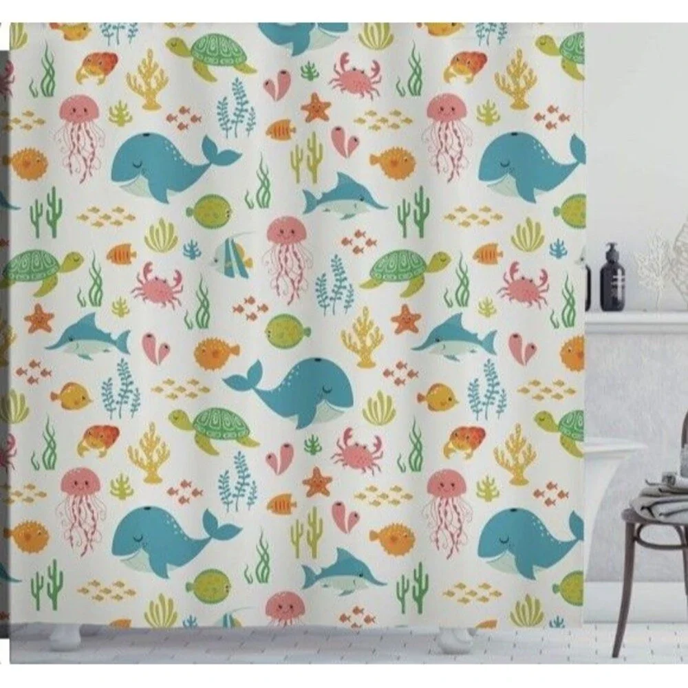 Cartoon Sea Animal Kids Shower Curtain - Ocean Whale Turtle 70x67 Polyester